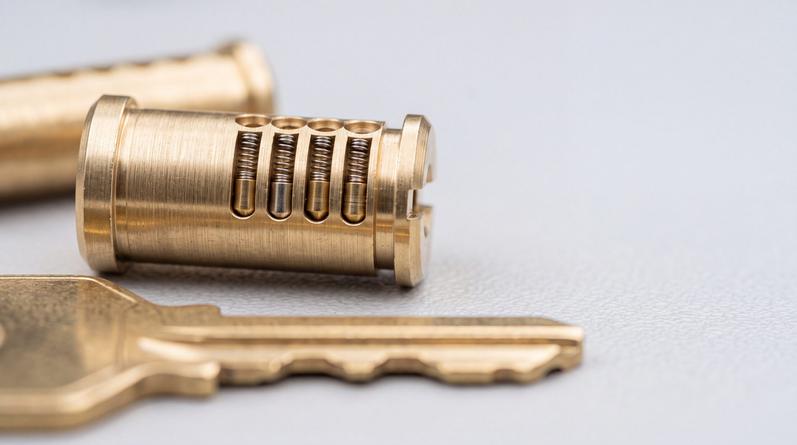 Brass lock cylinder with exposed pins and springs next to a key