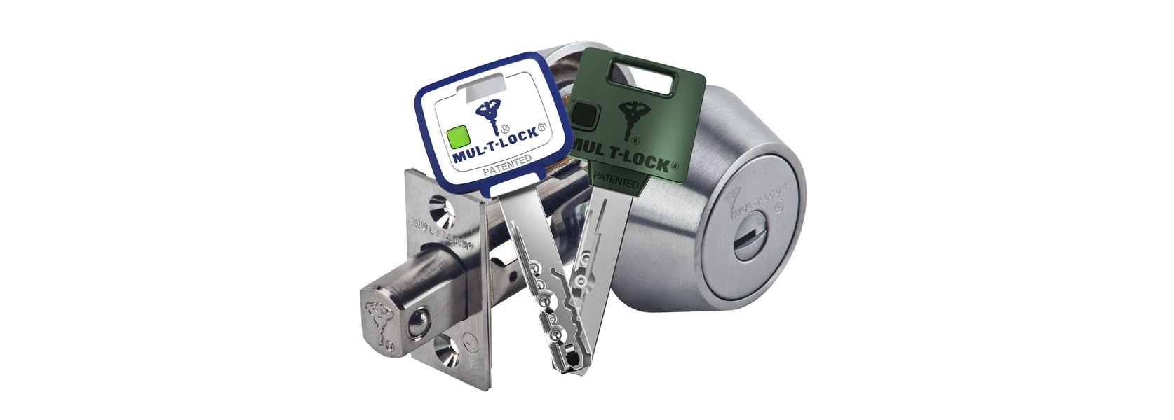 Mul-T-Lock high-security deadbolt with patented keys